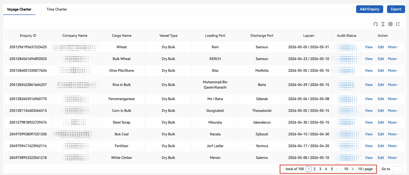 ShipLinker enquiry table showing 100 total enquiries