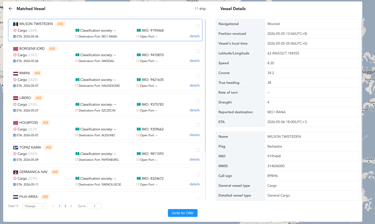ShipLinker AI Matching — matched vessels with AIS data and vessel details