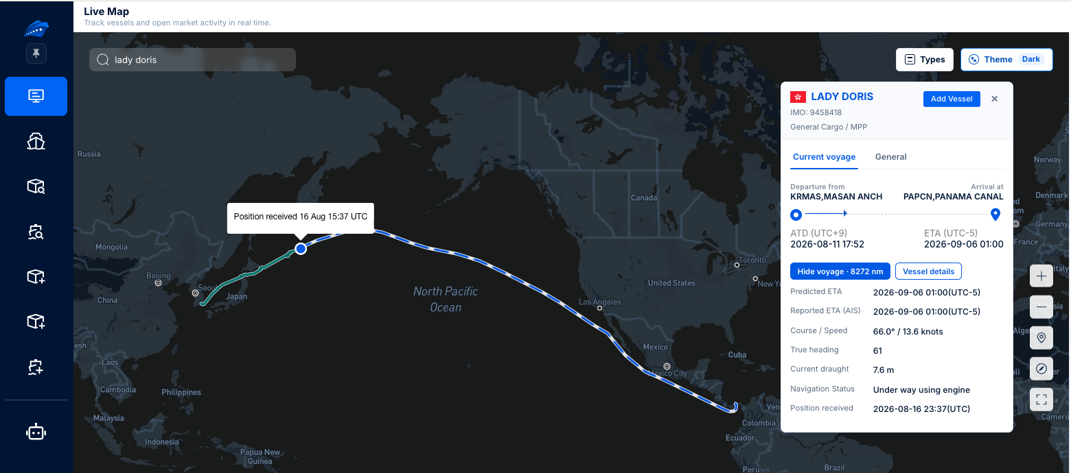 ShipLinker AI 3.0 — Live voyage tracking for LADY DORIS from Masan Anchorage to Panama Canal, with historical route and predicted ETA